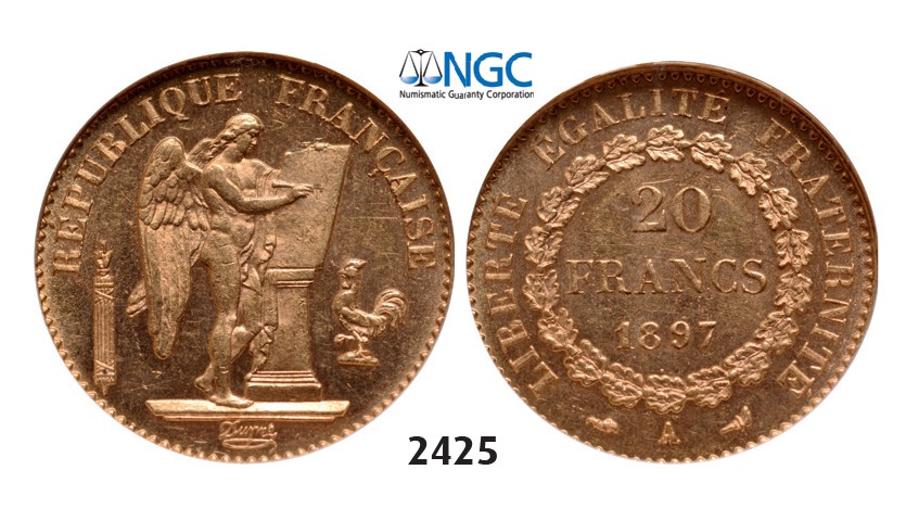 Lot: 2425. France, Third Republic, 1871-1940, 20 Francs 1897-A, Paris, GOLD, NGC MS63