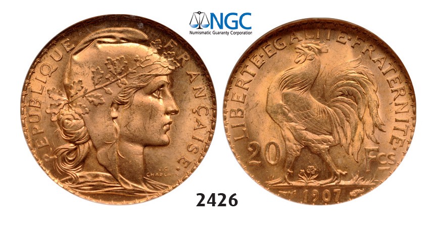 Lot: 2426. France, Third Republic, 1871-1940, 20 Francs 1907, Paris, GOLD , NGC MS64