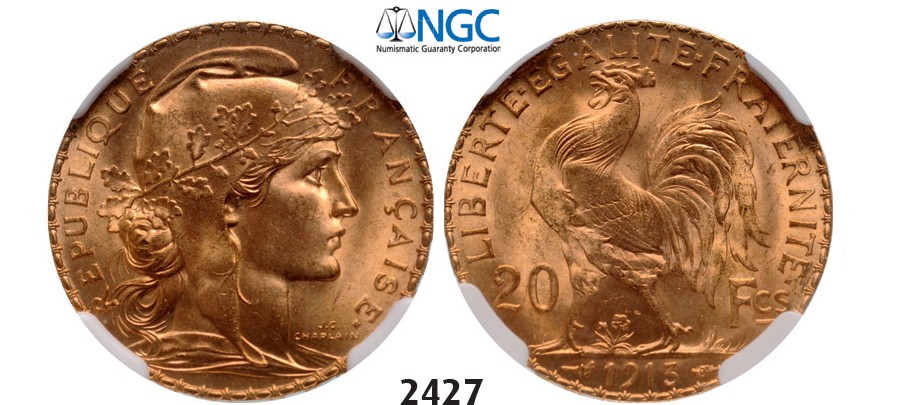 Lot: 2427. France, Third Republic, 1871-1940, 20 Francs 1913, Paris, GOLD, NGC MS65
