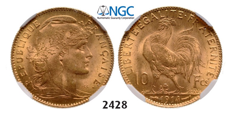 Lot: 2428. France, Third Republic, 1871-1940, 10 Francs 1914, Paris, GOLD, NGC MS63