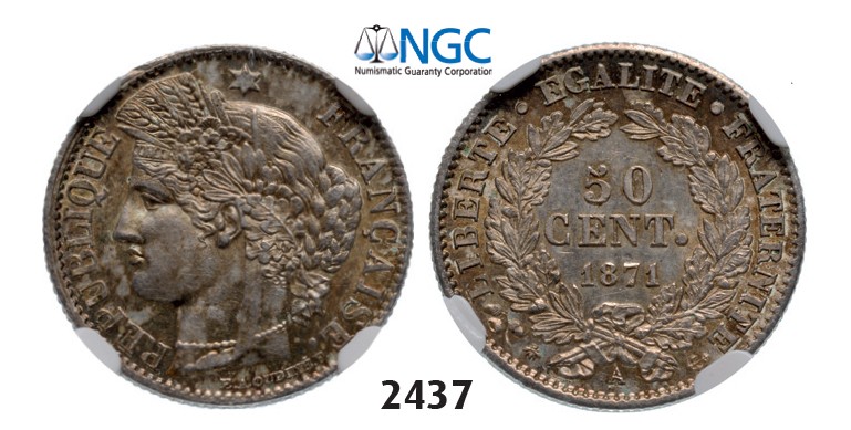 Lot: 2437. France, Third Republic, 1871-1940, 50 Centimes 1871-A, Paris, Silver, NGC MS62