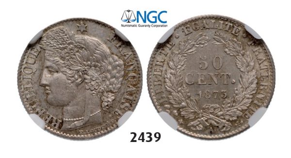 Lot: 2439. France, Third Republic, 1871-1940, 50 Centimes 1873-A, Paris, Silver, NGC MS63