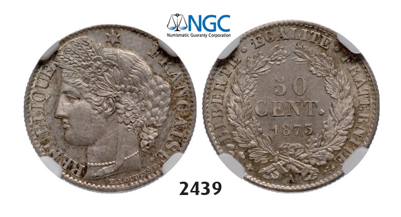 Lot: 2439. France, Third Republic, 1871-1940, 50 Centimes 1873-A, Paris, Silver, NGC MS63