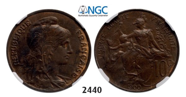 Lot: 2440. France, Third Republic, 1871-1940, 10 Centimes 1900, Bronze, NGC MS62BN