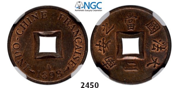 Lot: 2450. France, French Indo China (Vietnam), 2 Sapeque 1898-A, Paris, Bronze, NGC MS63RB