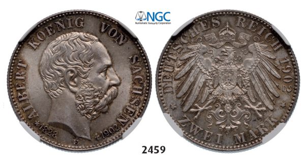 Lot: 2459. Germany, Saxony, Albert, 1873-1902, 2 Mark 1902-E, Muldenhutten, Silver , NGC MS65