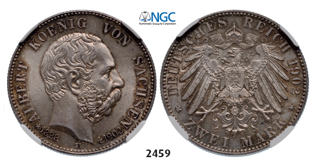 Lot: 2459. Germany, Saxony, Albert, 1873-1902, 2 Mark 1902-E, Muldenhutten, Silver , NGC MS65