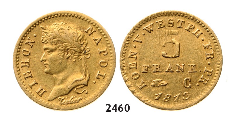 Lot: 2460. Germany, Westphalia, Hieronymus Napoleon, 1807­-1813, 5 Francs 1813­-C, Kassel, GOLD