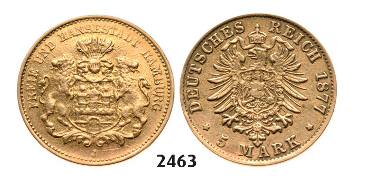 Lot: 2463. Germany, Empire, local coinage, Hamburg, 5 Mark 1877-J, Hamburg, GOLD