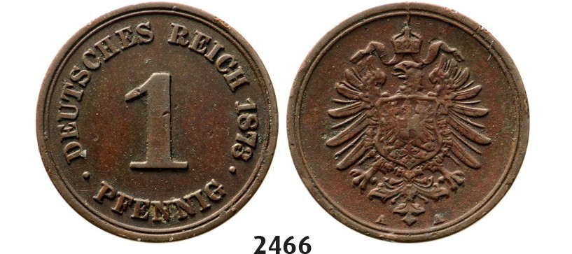Lot: 2466. Germany, Empire, standard coinage, Wilhelm I, 1871-1888, 1 Pfennig 1873-A, Berlin, Copper, NGC VF35BN