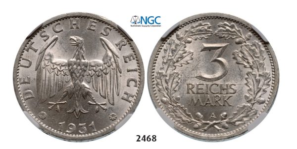 Lot: 2468. Germany, Weimar Republic, 1919-1933, 3 Reichsmark 1931-A, Berlin, Silver, NGC MS63