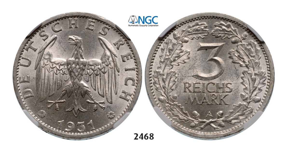 Lot: 2468. Germany, Weimar Republic, 1919-1933, 3 Reichsmark 1931-A, Berlin, Silver, NGC MS63