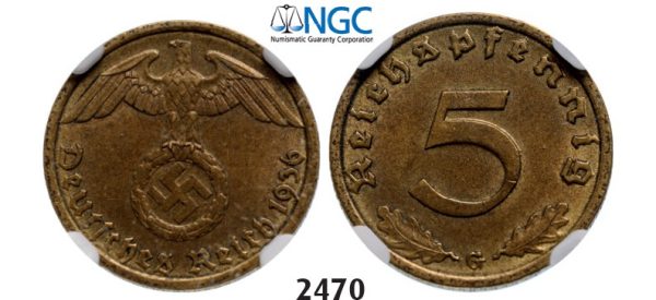 Lot: 2470. Germany, Third Reich, 1933-1945, 5 Reichpfennig 1936-G, Karlsruhe, Aluminums-Bronze, NGC AU58