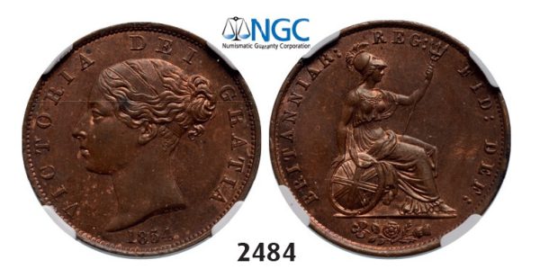 Lot: 2484. Great Britain, Victoria, 1837-1901, ½ Penny 1854, Copper, NGC MS62RB