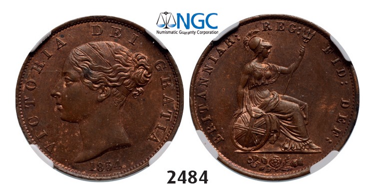 Lot: 2484. Great Britain, Victoria, 1837-1901, ½ Penny 1854, Copper, NGC MS62RB