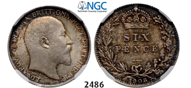 Lot: 2486. Great Britain, Edward VII, 1901-1910, 6 Pence 1908, London, Silver, NGC MS64