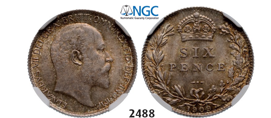 Lot: 2488. Great Britain, Edward VII, 1901-1910, 6 Pence 1909, London, Silver, NGC MS64