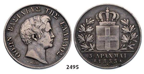 Lot: 2495. Greece, Othon, 1832-1862, 5 Drachmai 1833-A, Paris, Silver