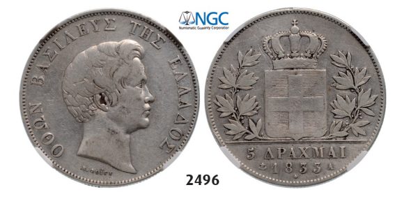 Lot: 2496. Greece, Othon, 1832-1862, 5 Drachmai 1833-A, Paris, Silver, NGC VF