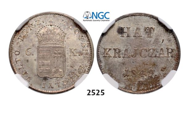 Lot: 2525. Hungary, War of Independence, 6 Kreuzer 1849-NB, Nagybanya, Silver, NGC MS63