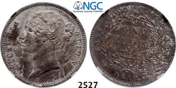 Lot: 2527. India, British, Victoria, 1837-1901, Rupee 1840, Calcutta, Silver, NGC UNC