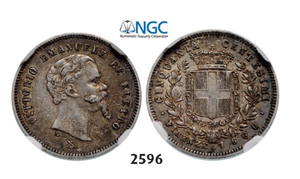 Lot: 2596. Italy, Tuscany, Vittorio Emanuele, 1859-1861 (United to Italian Provisional Government), 50 Centesimi 1860, Florence, Silver, NGC AU50