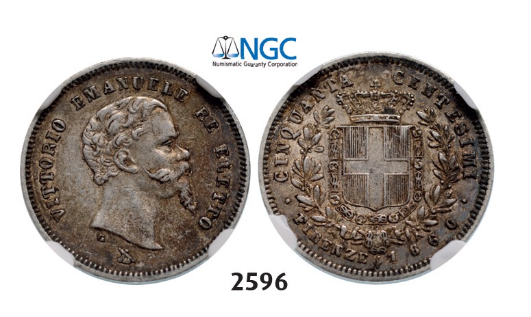 Lot: 2596. Italy, Tuscany, Vittorio Emanuele, 1859-1861 (United to Italian Provisional Government), 50 Centesimi 1860, Florence, Silver, NGC AU50