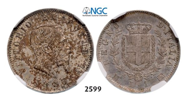 Lot: 2599. Italy, Kingdom, Vittorio Emanuele II, 1861-1878, Lira 1863-M/BN, Milan, Silver, NGC MS62