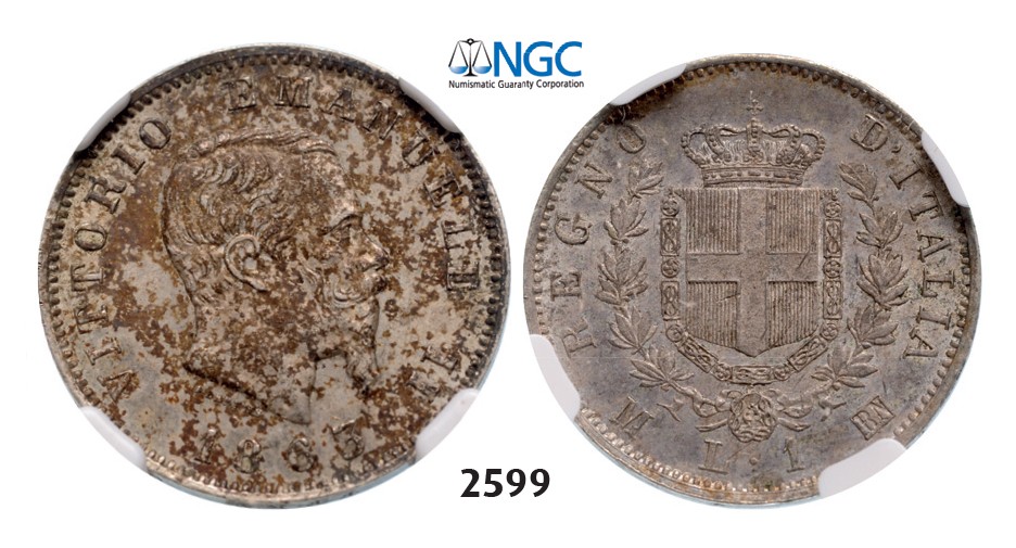 Lot: 2599. Italy, Kingdom, Vittorio Emanuele II, 1861-1878, Lira 1863-M/BN, Milan, Silver, NGC MS62