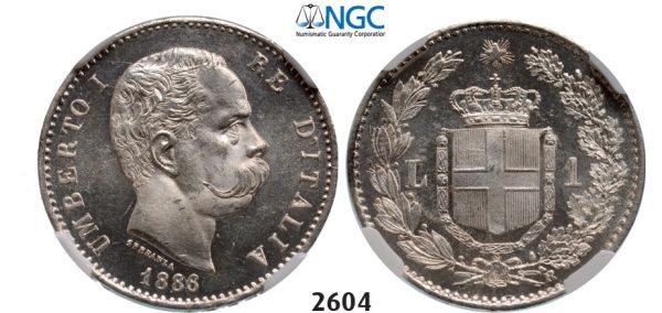 Lot: 2604. Italy, Kingdom, Umberto I, 1878-1900, Lira 1886-R, Rome, Silver, NGC MS65 PL