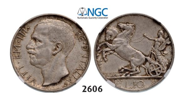 Lot: 2606. Italy, Kingdom, Vittorio Emanuele III, 1900-1946, 10 Lira 1927-R, Rome, Silver, NGC AU58