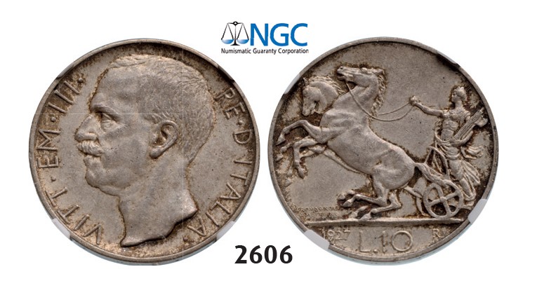 Lot: 2606. Italy, Kingdom, Vittorio Emanuele III, 1900-1946, 10 Lira 1927-R, Rome, Silver, NGC AU58