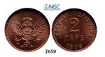 Lot: 2650. Montenegro, Nicholas I, 1860-1918, 2 Pare 1906, Vienna, Bronze, NGC MS65RD
