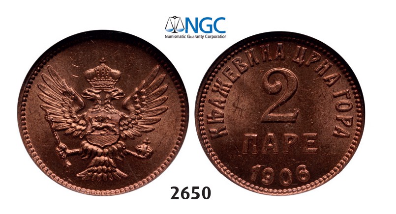 Lot: 2650. Montenegro, Nicholas I, 1860-1918, 2 Pare 1906, Vienna, Bronze, NGC MS65RD