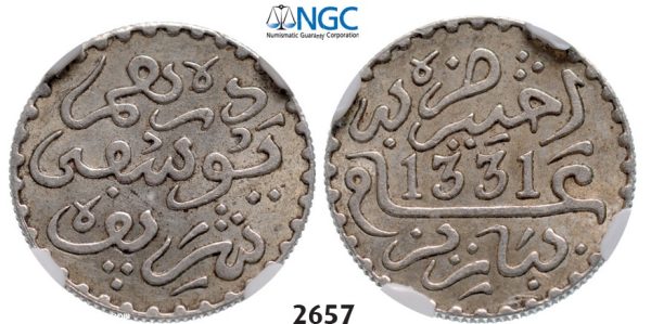 Lot: 2657. Morocco, Yusuf, AH1330-1346 (1912-1927), 1/10 Rial (Dirham) AH1331-Pa (1913) Paris, Silver, NGC AU58
