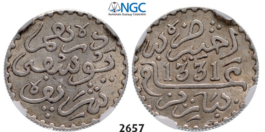 Lot: 2657. Morocco, Yusuf, AH1330-1346 (1912-1927), 1/10 Rial (Dirham) AH1331-Pa (1913) Paris, Silver, NGC AU58