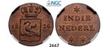 Lot: 2667. Netherlands, Netherlands East Indies, Kingdom of Netherlands, Dutch administration 1817-1949, William I, 1815-1840, Pattern “Swan Duit” 1836, Copper, NGC MS64RB