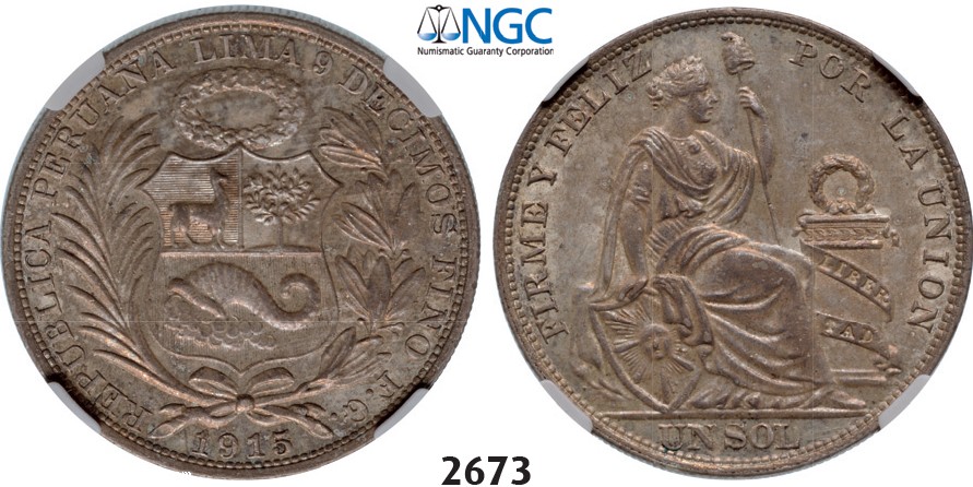 Lot: 2673. Peru, Sol 1915-FG, Lima, Silver, NGC MS63