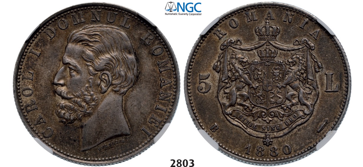 Lot: 2803. Romania, Carol I, 1866­-1914, 5 Lei 1880-­B, Bucharest, Silver (25.00g) “Name near bust”NGC AU58