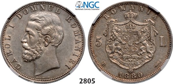 Lot: 2805. Romania, Carol I, 1866­-1914, 5 Lei 1880-­B, Bucharest, Silver, NGC AU55