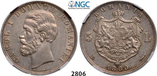 Lot: 2806. Romania, Carol I, 1866­-1914, 5 Lei 1880­-B, Bucharest, Silver , NGC AU53