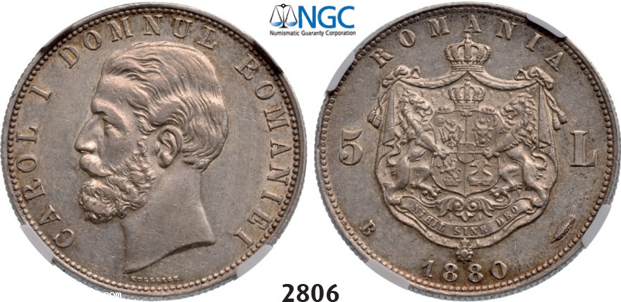 Lot: 2806. Romania, Carol I, 1866-1914, 5 Lei 1880-B, Bucharest, Silver , NGC AU53