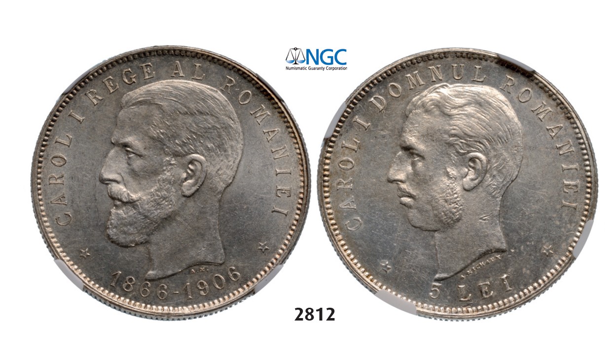 Lot: 2812. Romania, Carol I, 1866-1914, 5 Lei, No Date (1906) Brussels, Silver, NGC MS63