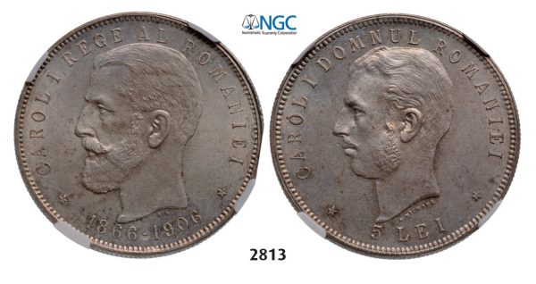 Lot: 2813. Romania, Carol I, 1866­-1914, 5 Lei, No Date (1906) Brussels, Silver, NGC MS62