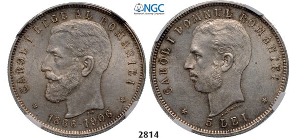 Lot: 2814. Romania, Carol I, 1866­-1914, 5 Lei, No Date (1906) Brussels, Silver, NGC MS61