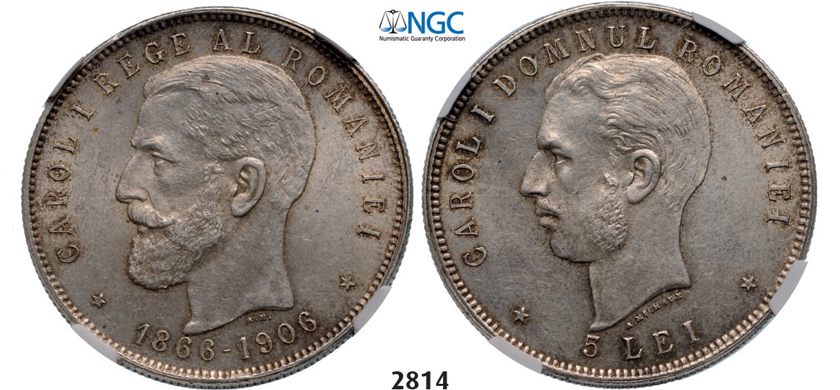Lot: 2814. Romania, Carol I, 1866-1914, 5 Lei, No Date (1906) Brussels, Silver, NGC MS61