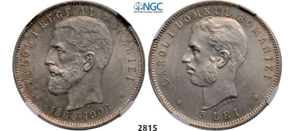Lot: 2815. Romania, Carol I, 1866-1914, 5 Lei, No Date (1906) Brussels, Silver, NGC AU58