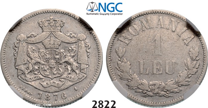 Lot: 2822. Romania, Carol I, 1866-1914, Leu 1876, Brussels, Silver, NGC F12