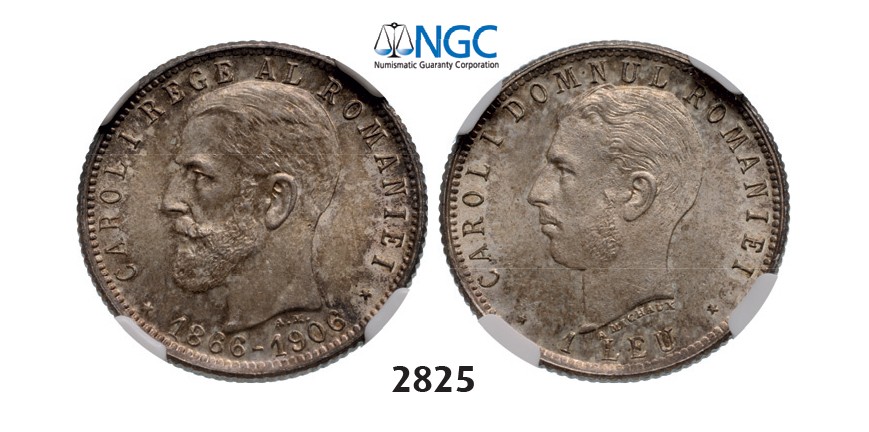 Lot: 2825. Romania, Carol I, 1866-1914, Leu No Date (1906) Brussels, Silver, NGC MS64