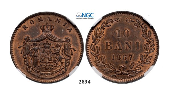 Lot: 2834. Romania, Carol I, 1866-1914, 10 Bani 1867 Heaton, Birmingham, Copper, NGC MS64RB